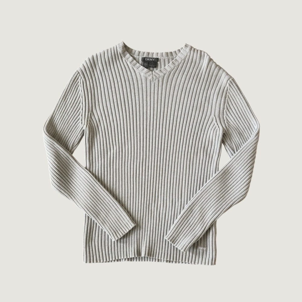 DKNY Sweater V-Neck Ribbed Knit Grey Cotton Long Sleeve Large 90s Y2K Minimalist